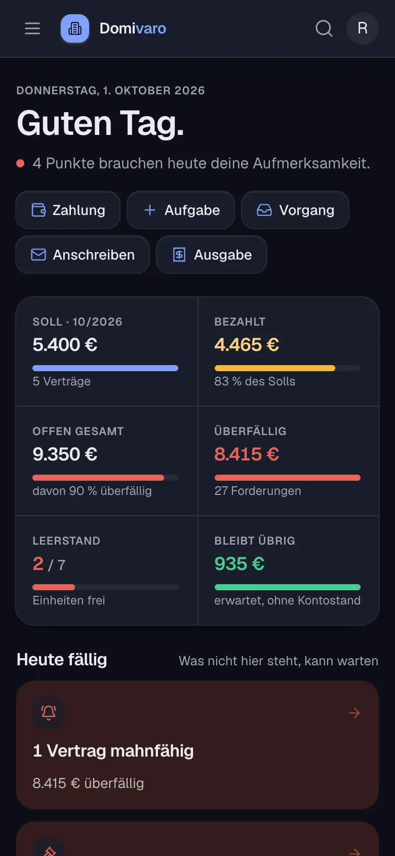 Cockpit auf dem Telefon: Kennzahlen, heute fällige Punkte und aktive Vorgänge