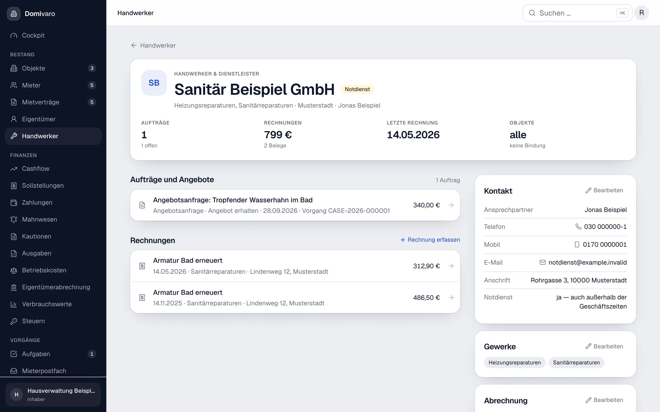 Betriebsseite eines Sanitärbetriebs mit Notdienst: ein beantwortetes Angebot aus einem Vorgang, zwei Rechnungen, Kontakt und Gewerke