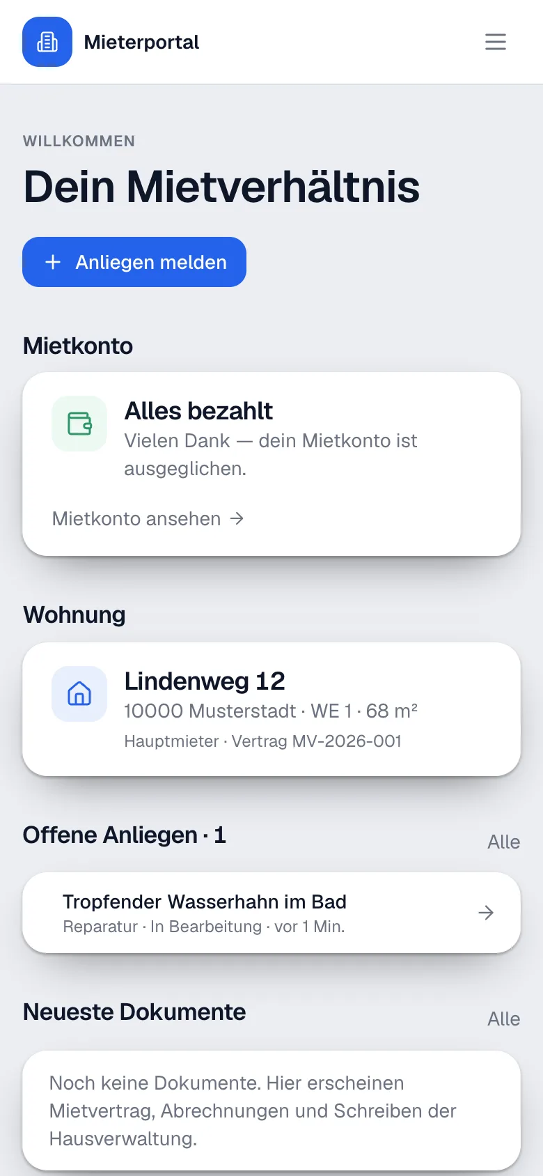 Mieterportal auf dem Telefon: Mietkonto ausgeglichen, Wohnung, offene Anliegen und Dokumente