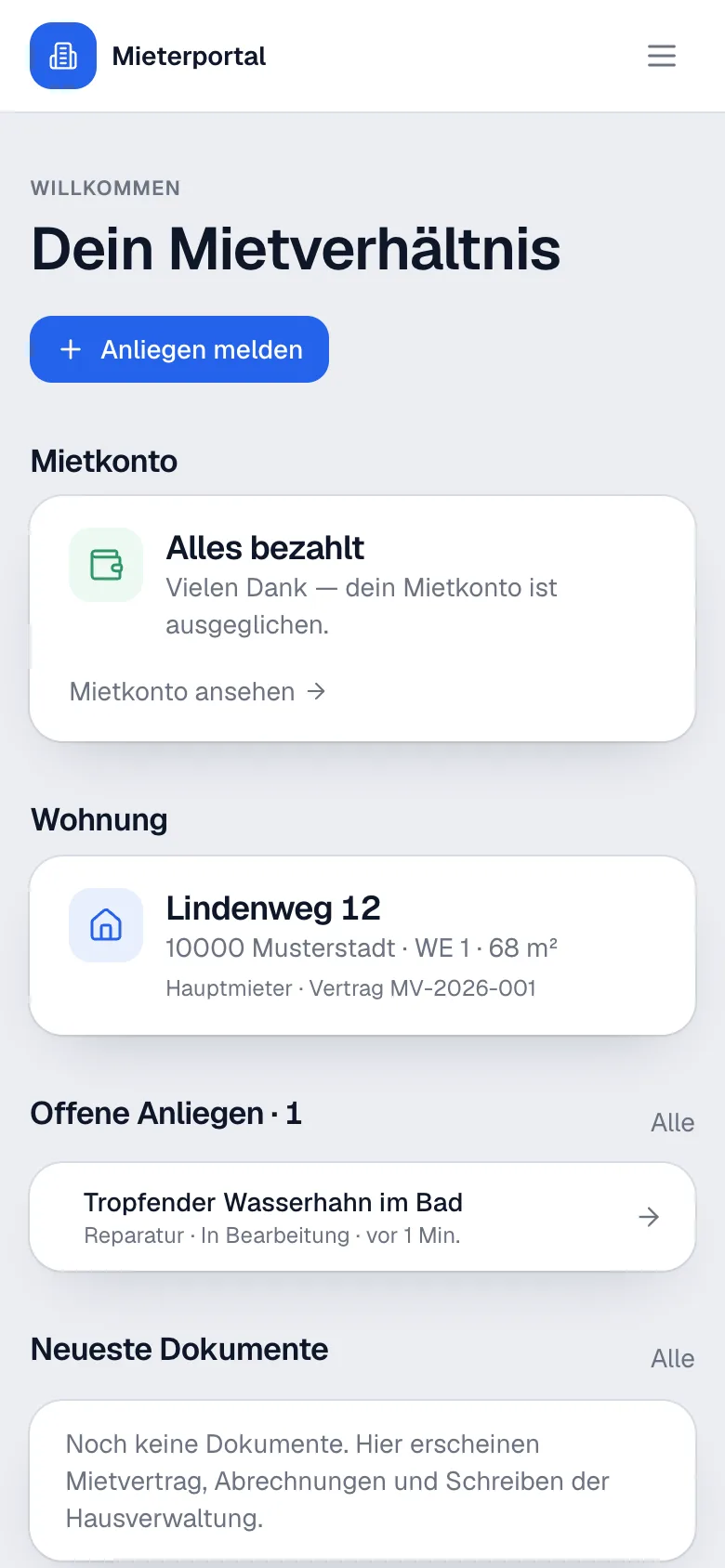 Mieterportal auf dem Telefon: Mietkonto ausgeglichen, Wohnung, offene Anliegen und Dokumente