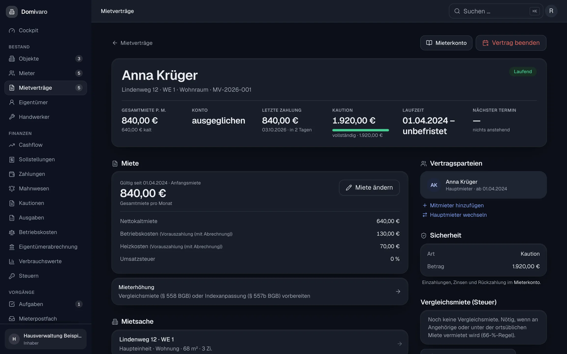 Vertragsseite mit Miete, Kontostand, Kaution, Laufzeit und nächstem Termin